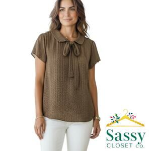 Banana Republic Cap Sleeve Tie Neck Blouse Brown White Dots L EUC